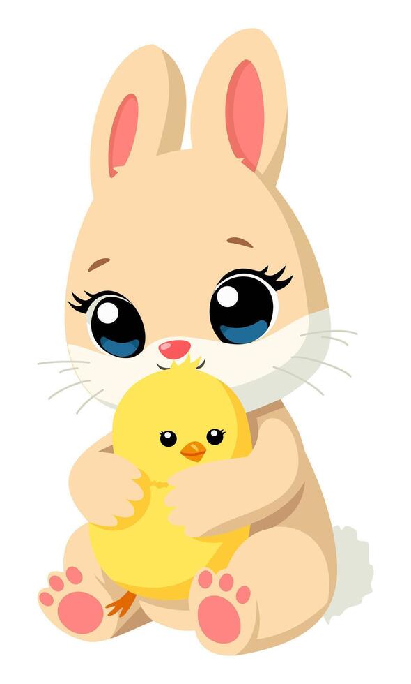Happy Easter. Easter bunny hugging Easter chick. isolated illustration vector