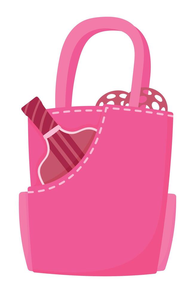 Pink Pickleball Tote Bag with Paddle and Balls. Stylish Sports Equipment for Women, Perfect for Active Lifestyles, Training, and Outdoor Games vector