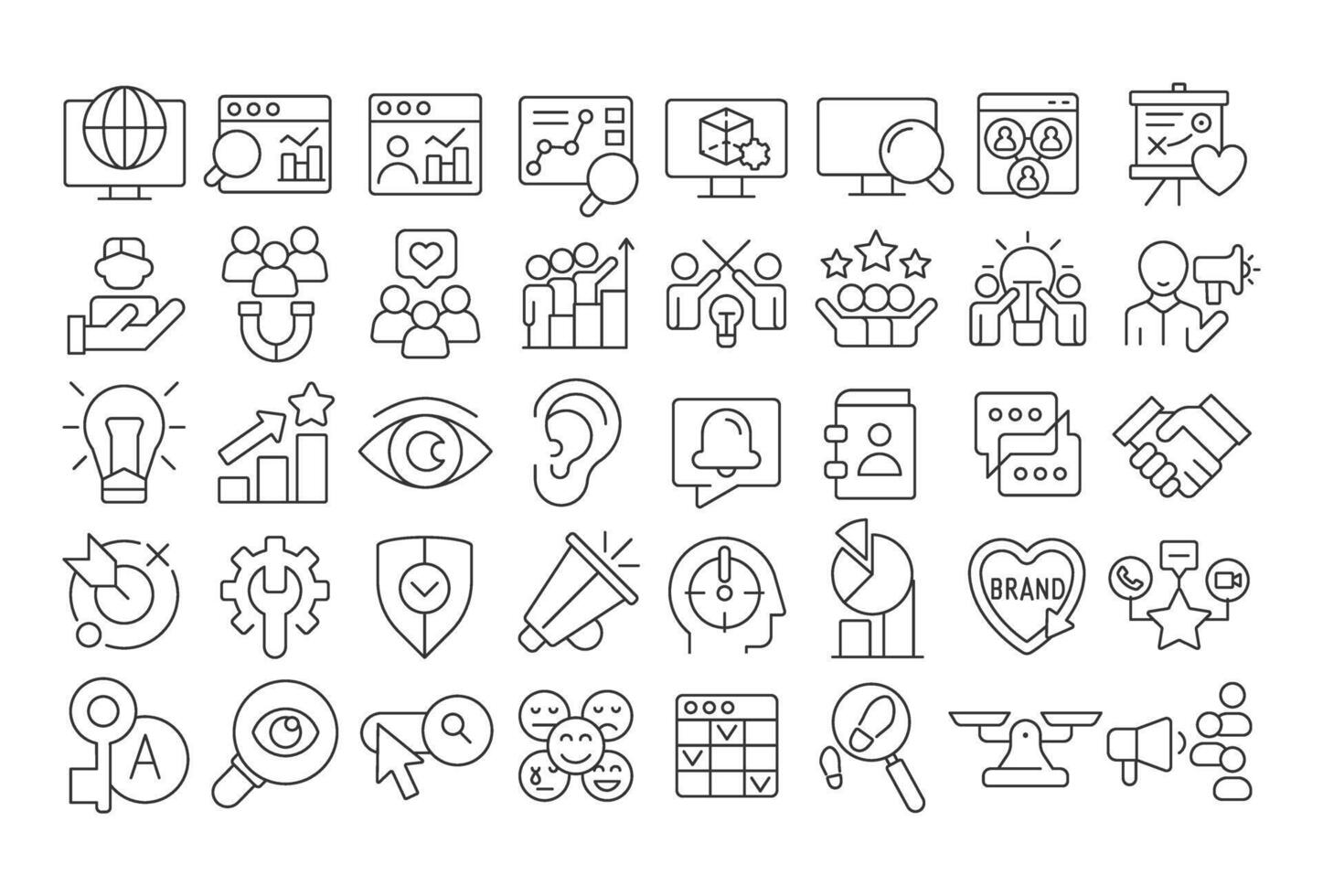 Social media listening linear icons set. Marketing research, statistical metrics. Planning, goal. Customizable thin line symbols. Isolated outline illustrations. Editable stroke vector