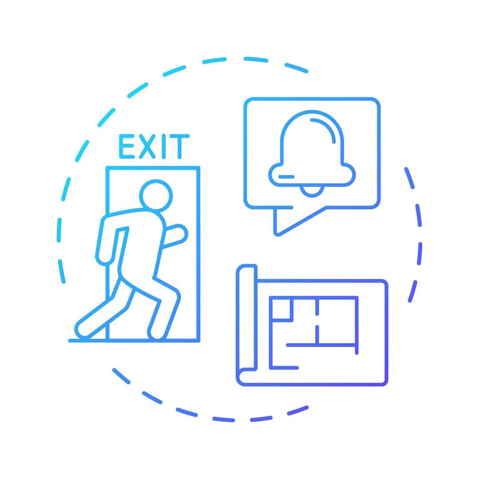 Manage evacuation blue gradient concept icon. Emergency exit, building blueprint. Safety, security. Round shape line illustration. Abstract idea. Graphic design. Easy to use in infographic vector
