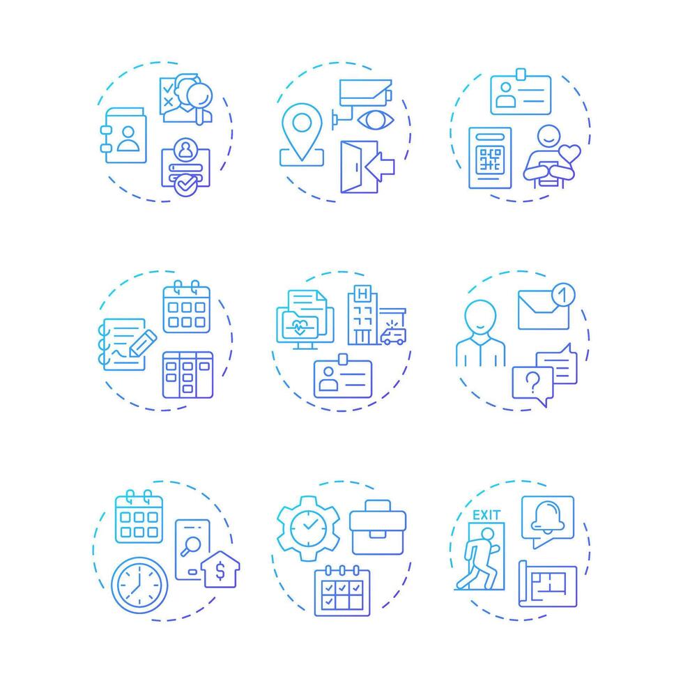 Visitor management blue gradient concept icons. Access control, alert notification. Safety, security. Icon pack. Round shape illustrations in infographic, presentation. Abstract idea vector
