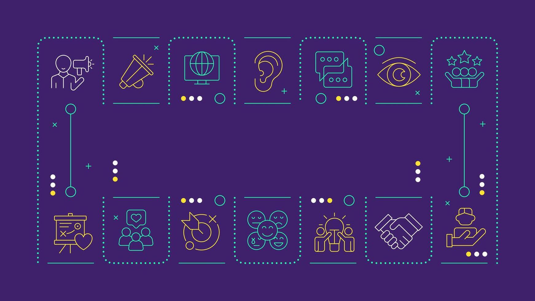 Social media listening purple word concept. Customer experience, brand reputation. Horizontal image. Headline text surrounded by editable outline icons vector