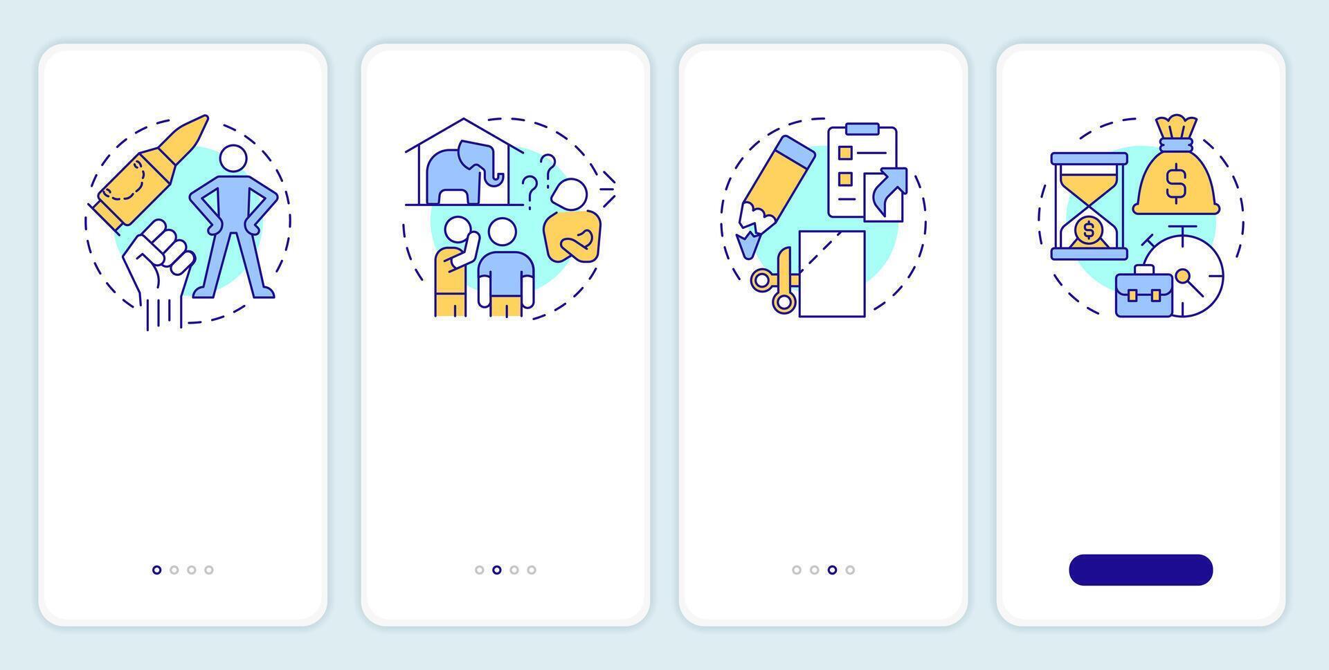 Problem solving onboarding mobile app screen. Risk management Walkthrough 4 steps editable graphic instructions with linear concepts. UI, UX, GUI template vector