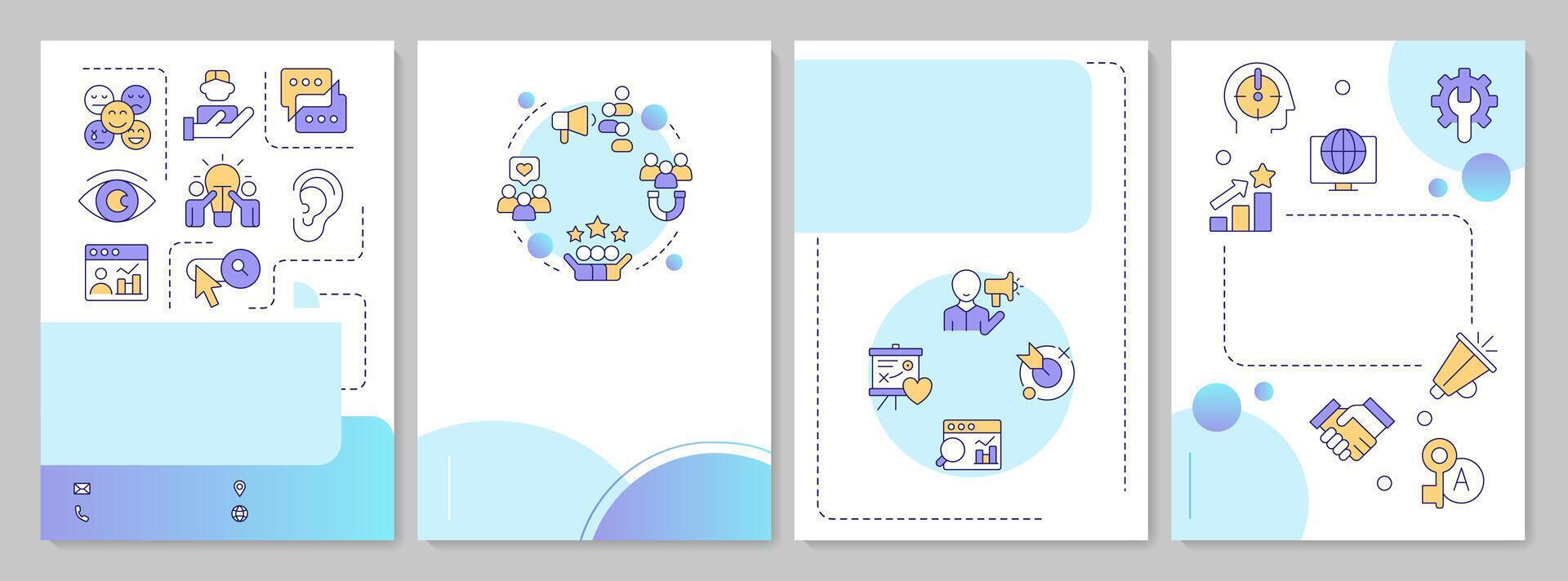 Social listening benefits blue gradient brochure template. Customer experience, satisfaction. Leaflet design with linear icons. Editable 4 layouts vector