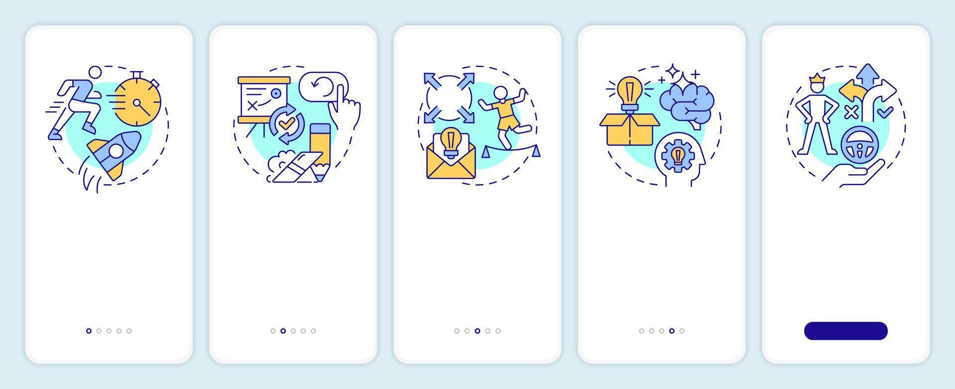 Business strategy onboarding mobile app screen. Walkthrough 5 steps editable graphic instructions with linear concepts. UI, UX, GUI template vector