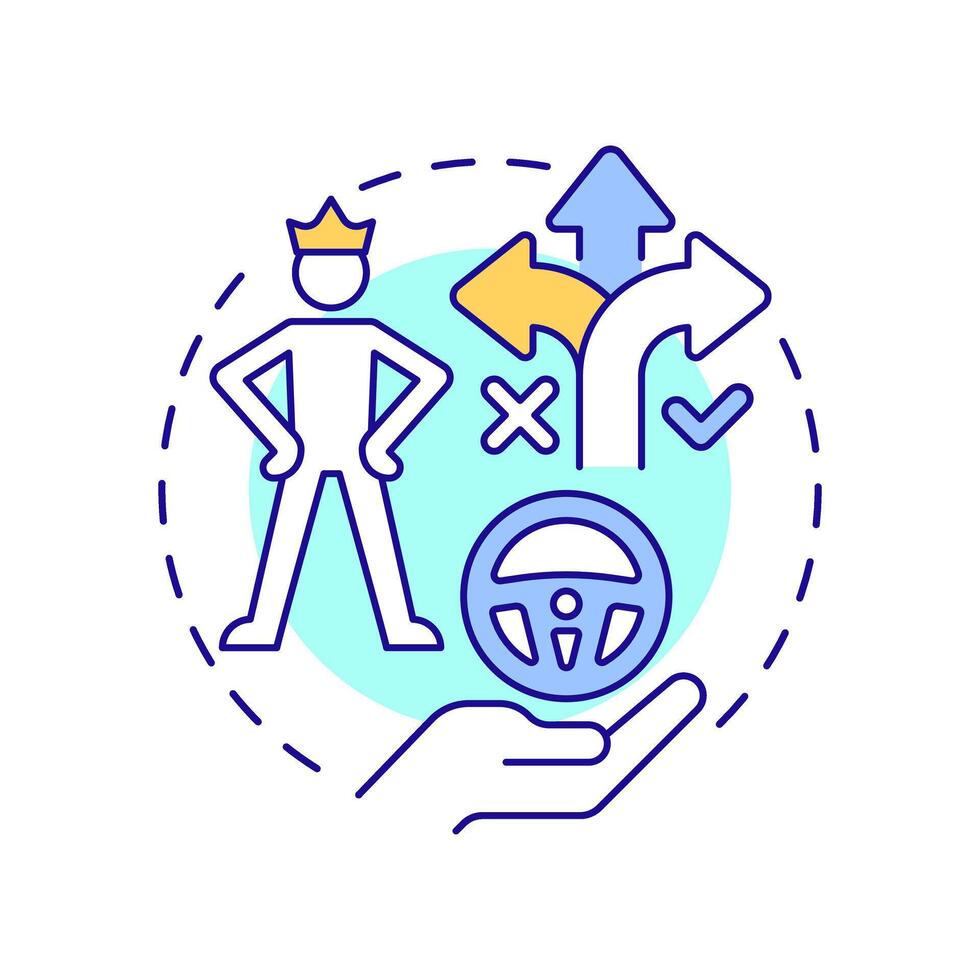 In the drivers seat multi color concept icon. Path choosing, leadership. Responsibility, control. Round shape line illustration. Abstract idea. Graphic design. Easy to use in infographic vector