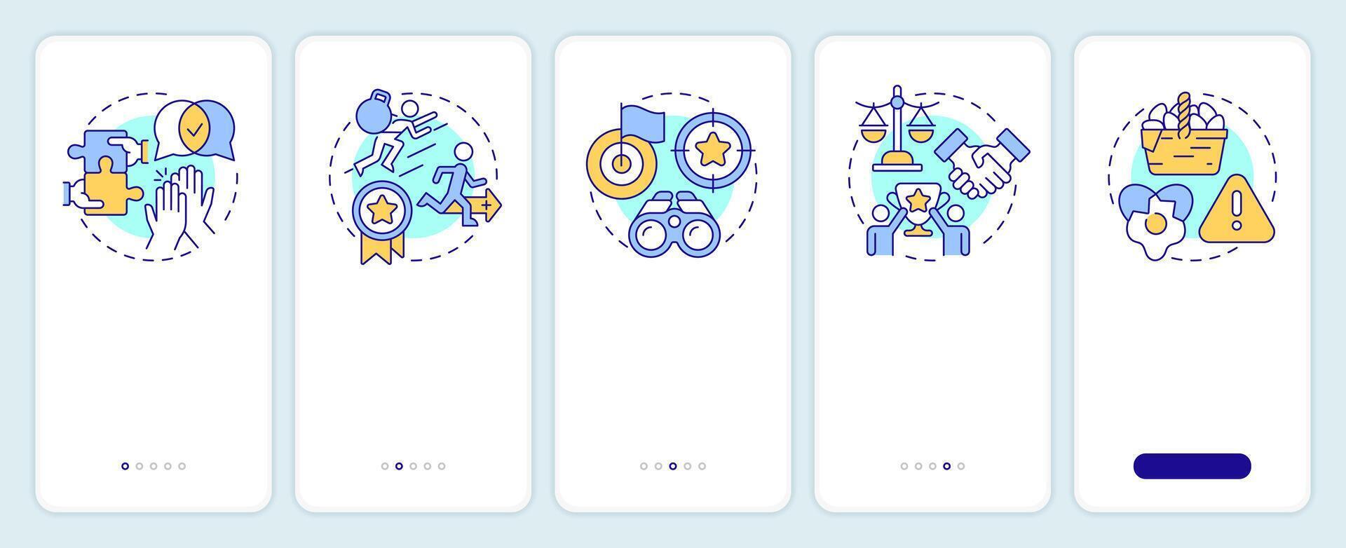 Teamwork leadership onboarding mobile app screen. Walkthrough 5 steps editable graphic instructions with linear concepts. UI, UX, GUI template vector