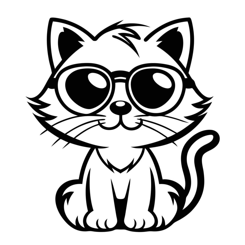 Cat with sunglasses icon, Black silhouette on white background. vector