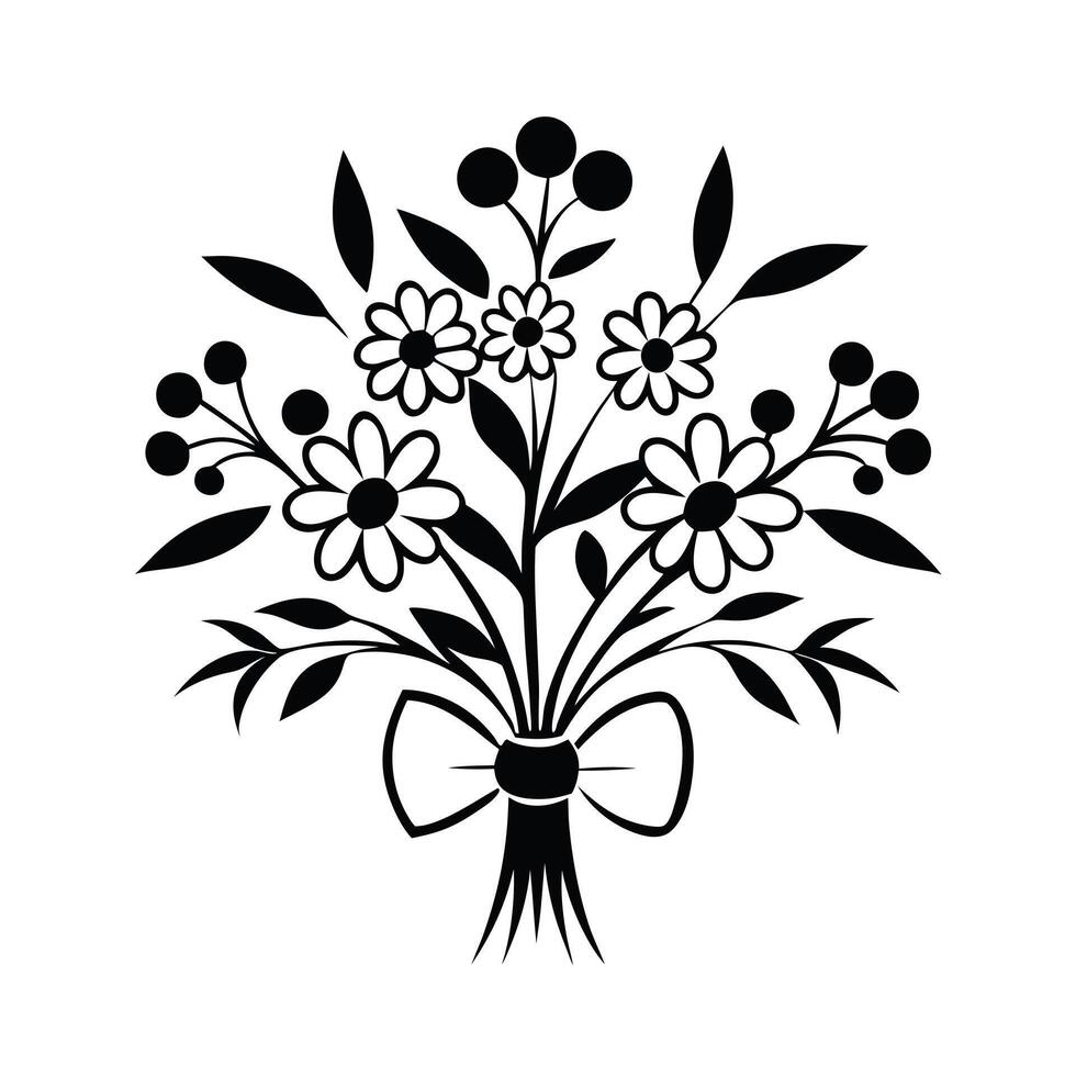 Floral Linocut Stamp doodle of flowers in vase, isolated. Black and white pen and ink drawing with hand drawn bold lines. vector