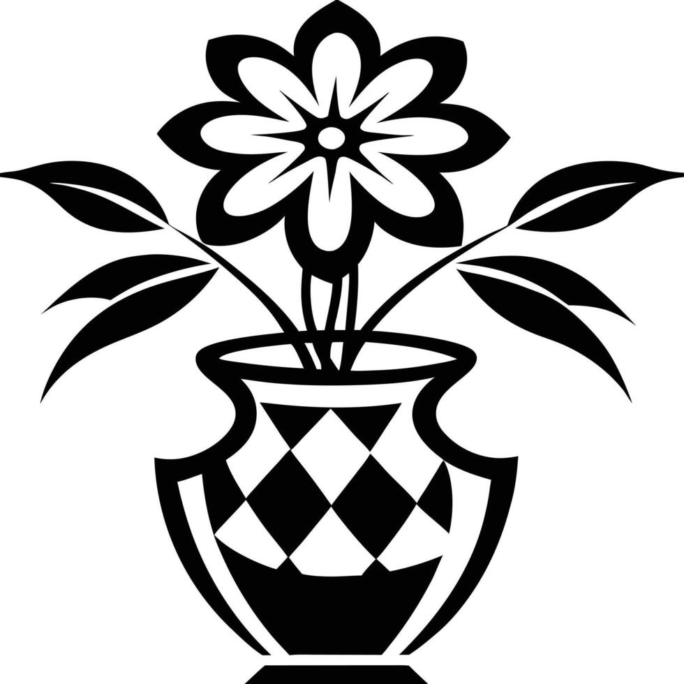 Abstract stylized bouquet of flowers in vase, isolated. Floral Linocut pen and ink drawing. vector
