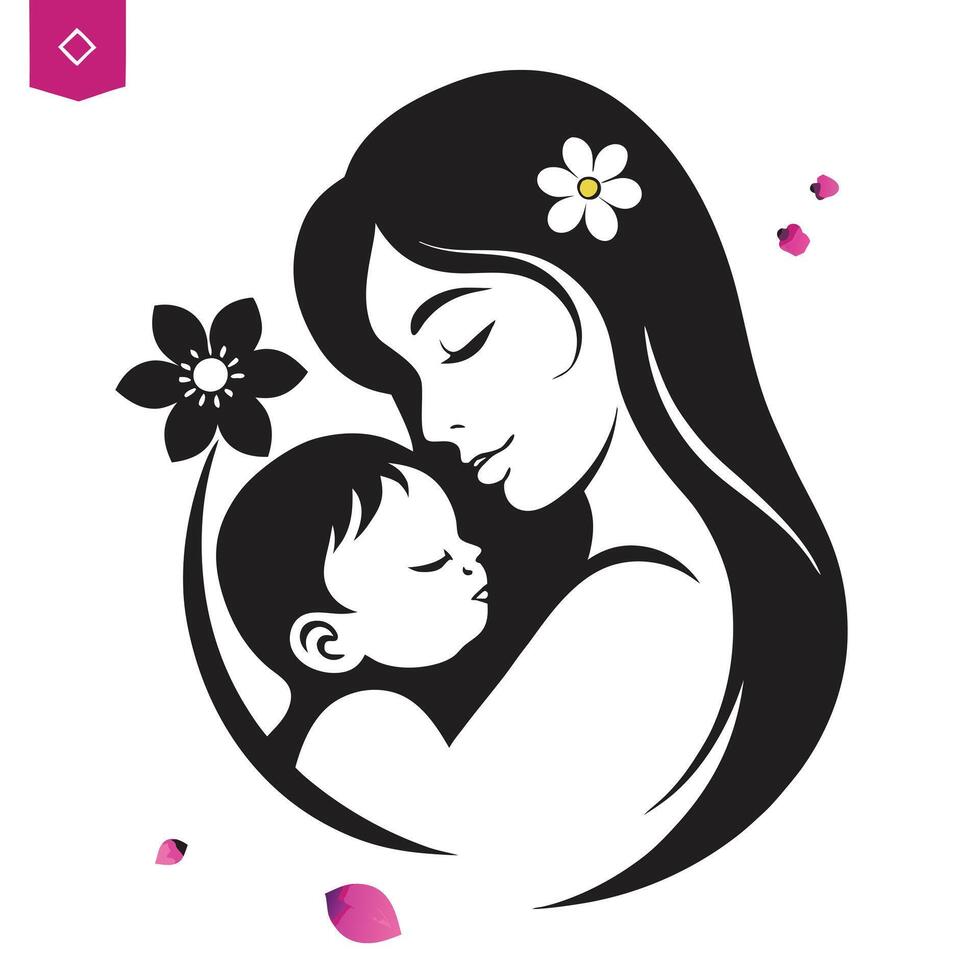 Minimalistic silhouette of woman holding baby. Mother and child. Modern illustration. vector