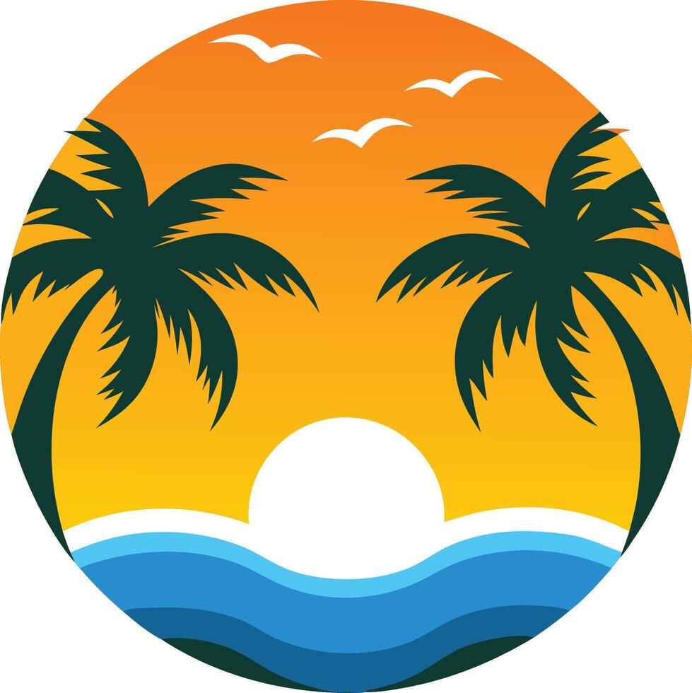 Serene beach scene circular sunset illustration vector