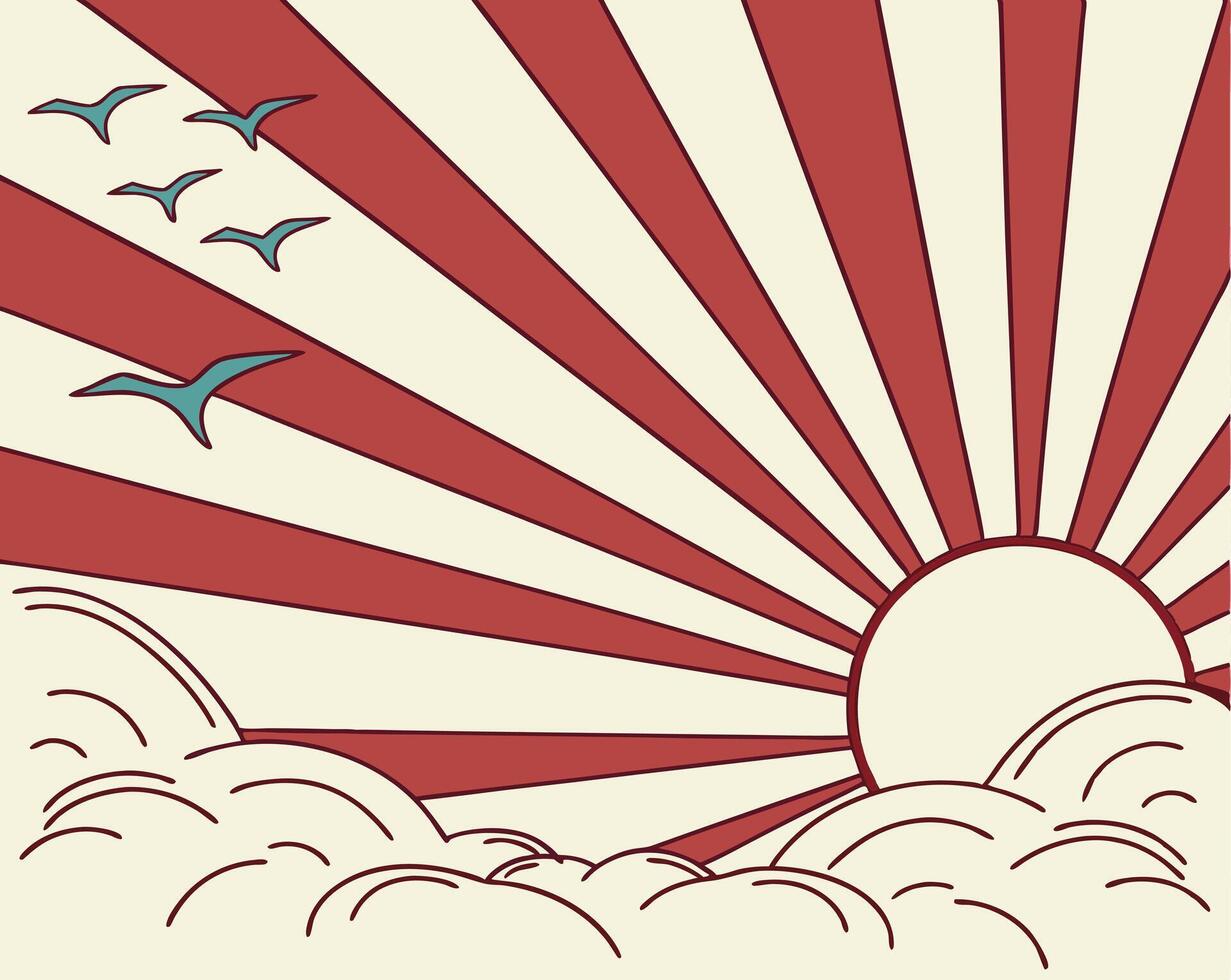 Sunrise a clean with a radial burst. Vintage beach scene circular retro aesthetic vector