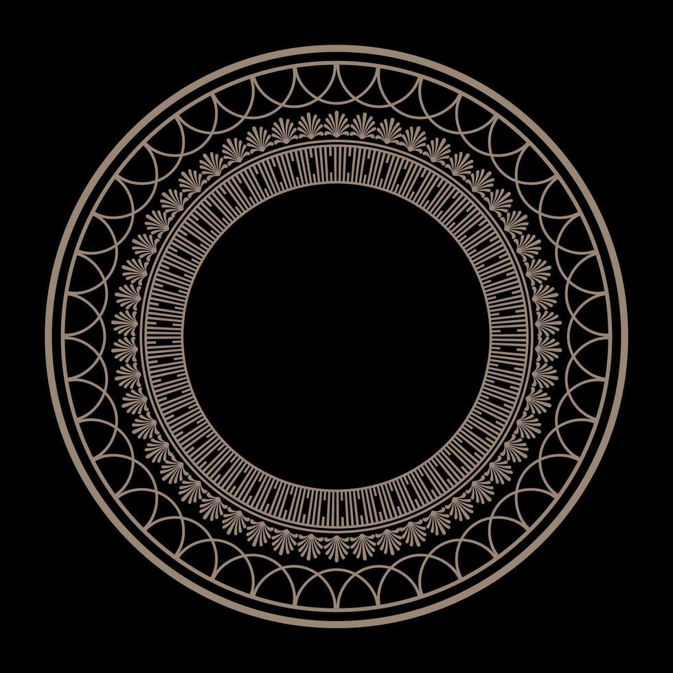 Vintage gold round classical Greek frame. Beautiful round frame meander. Gold round plate. Template for round surfac, household utensil, textile, laser cutting, embroidery, plate, porcelain. EPS vector