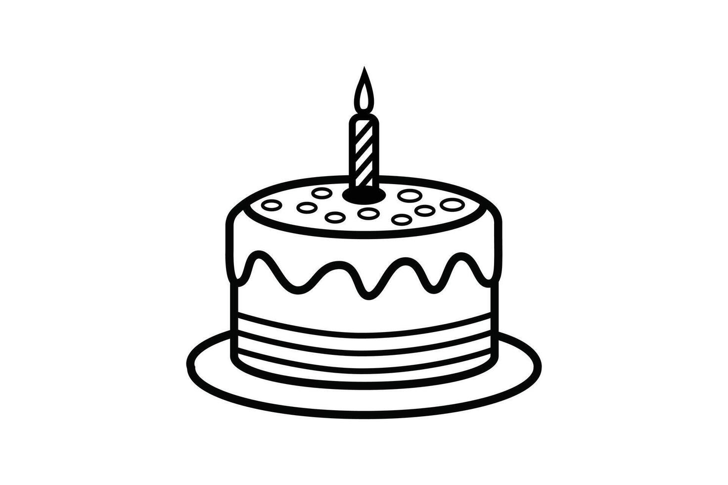 a black and white drawing of a birthday cake with a lit candle vector