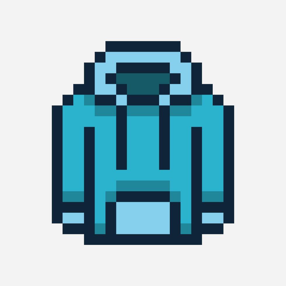 A pixel hoodie in a bright blue color, has a front pocket and a hood with drawstrings. vector
