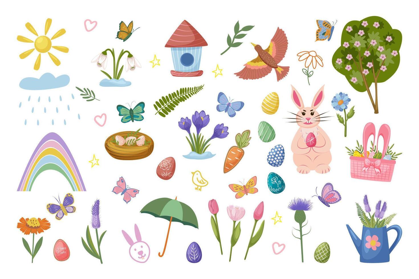 Cute spring elements set. Springtime stickers for poster and greeting cards. Hand drawn illustration with flowers, butterfly, Easter bunny and eggs, birds and other decoration. vector