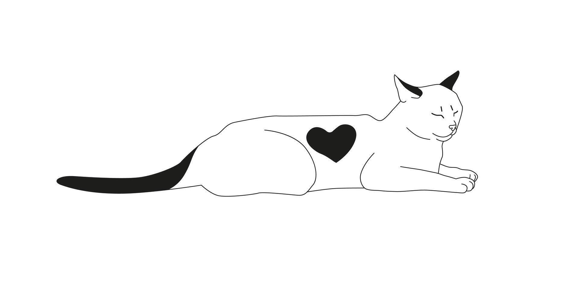 Relaxed cat with a heart-shaped spot illustration. Lying-down peaceful feline in modern minimalist style. Black and white calm cat drawing vector