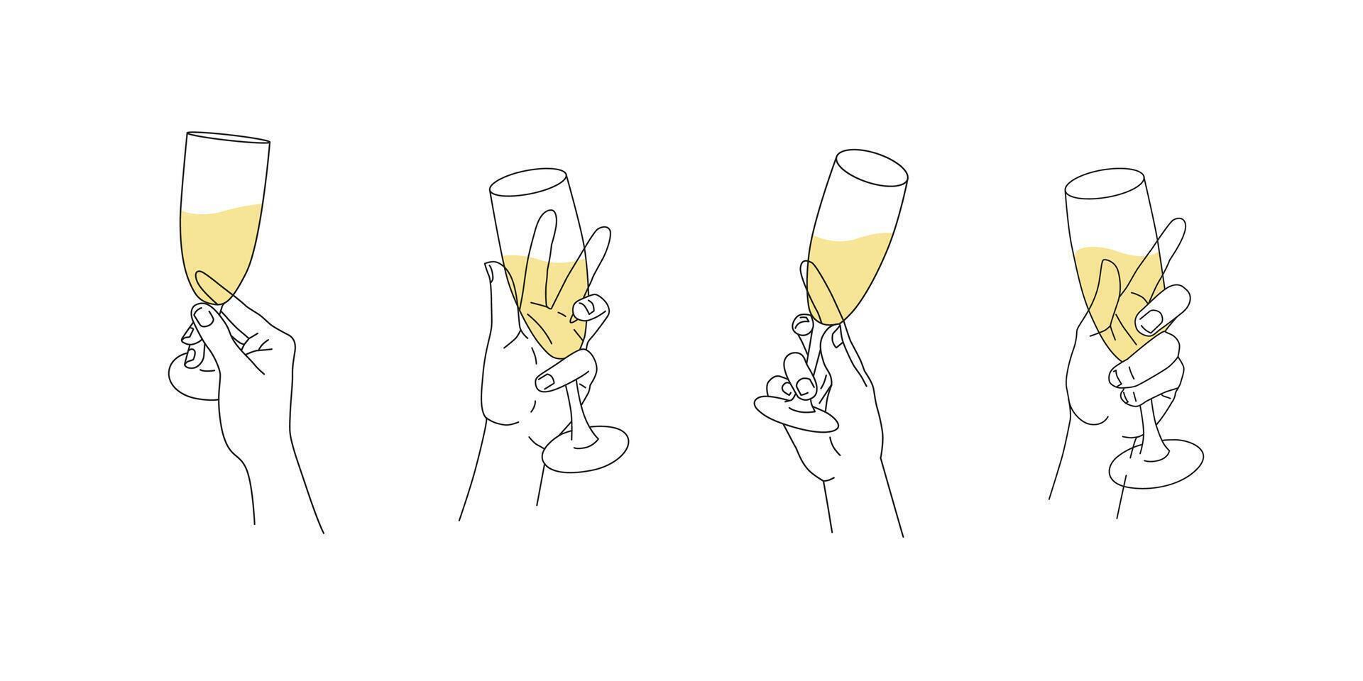 Set of hands holding champagne flutes. Minimalistic modern illustration with simple black outline and yellow color isolated on white. Celebrating and toasting at a special occasion vector