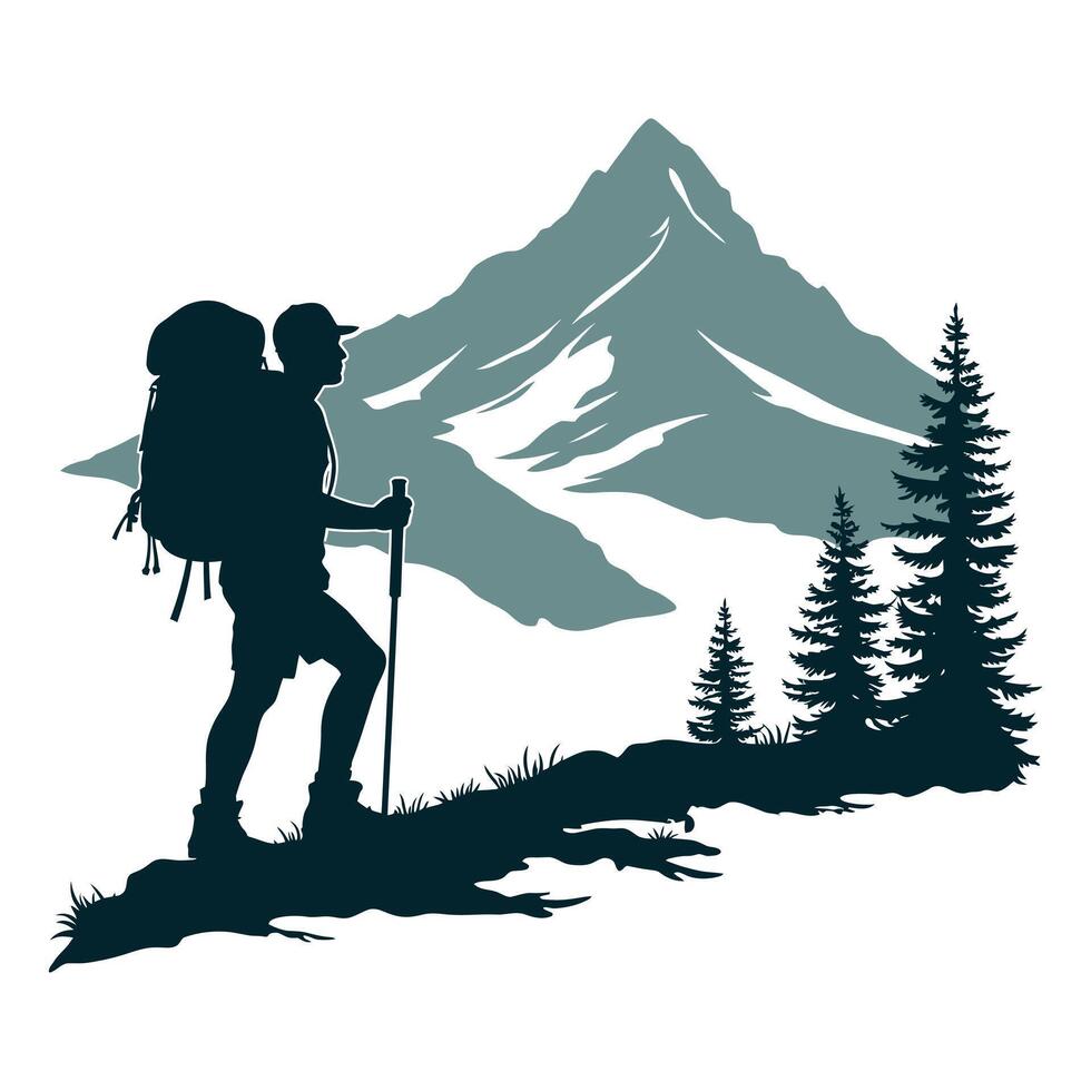 A Journey Through Nature Wonderland, A Hiker Serene Journey Through Towering Pines and Mountain Peaks vector