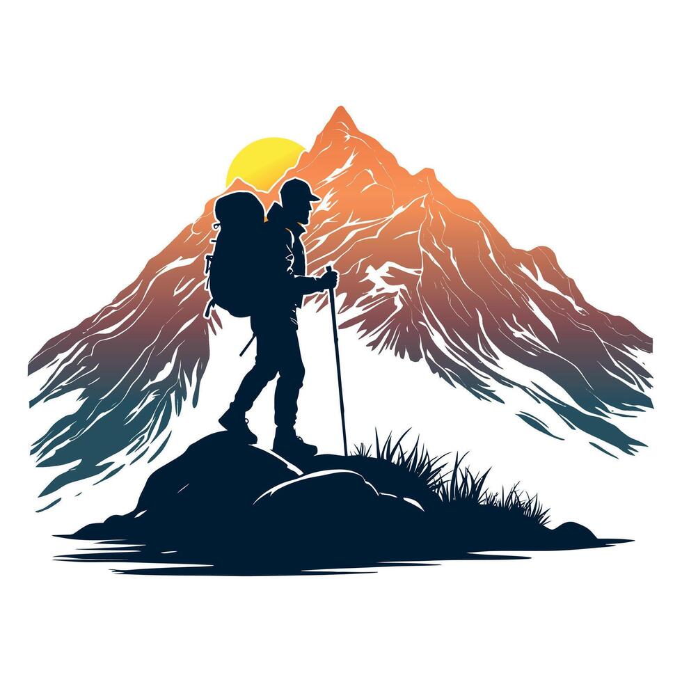 Hikers Solo Journey to the Top of the World, Hiker Walk Through Nature Most Stunning Landscapes, Hiker Adventure Through the High Mountains vector
