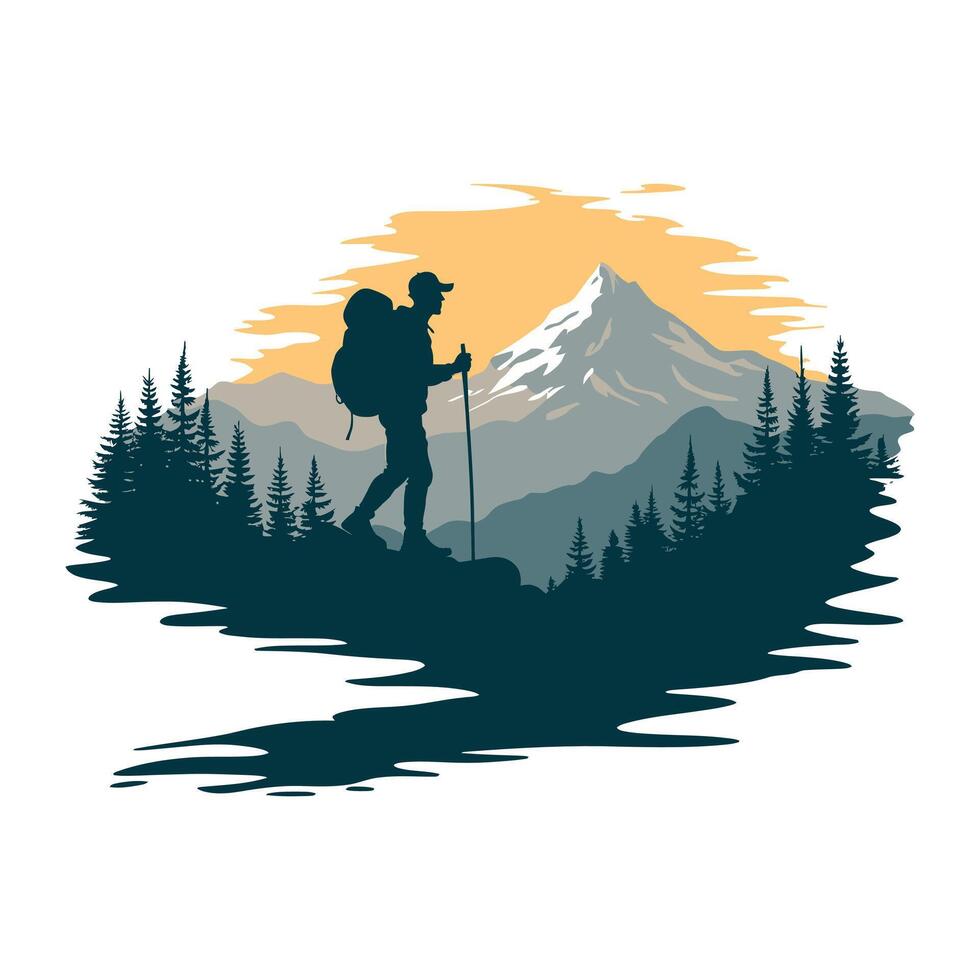 Hikers Path to Adventure and Discovery, An Explorer Silhouette Against the Backdrop of a Breathtaking Mountain Sunset vector
