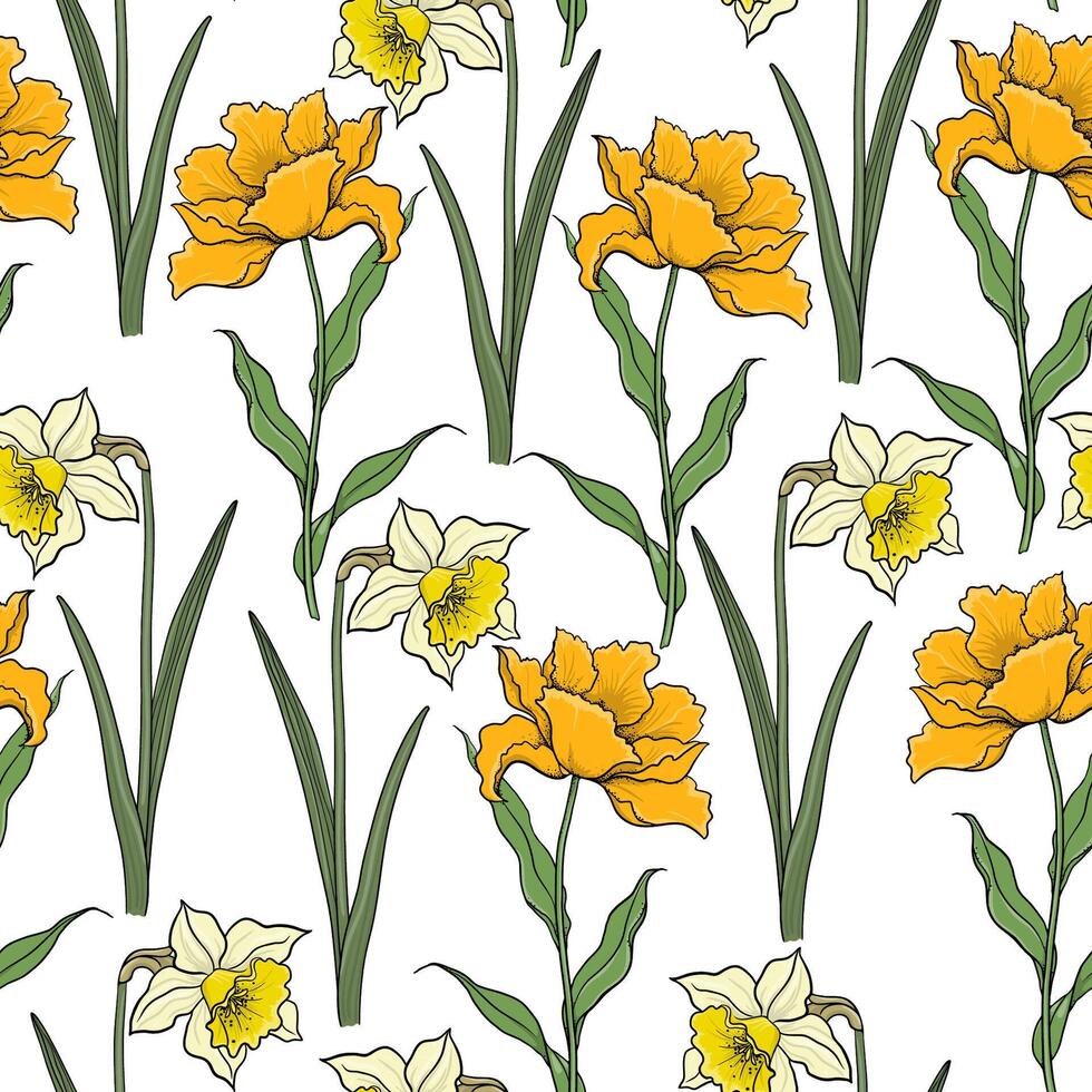 Seamless Pattern With Painted Colorful Flowers Tulips And Daffodils On White Background vector