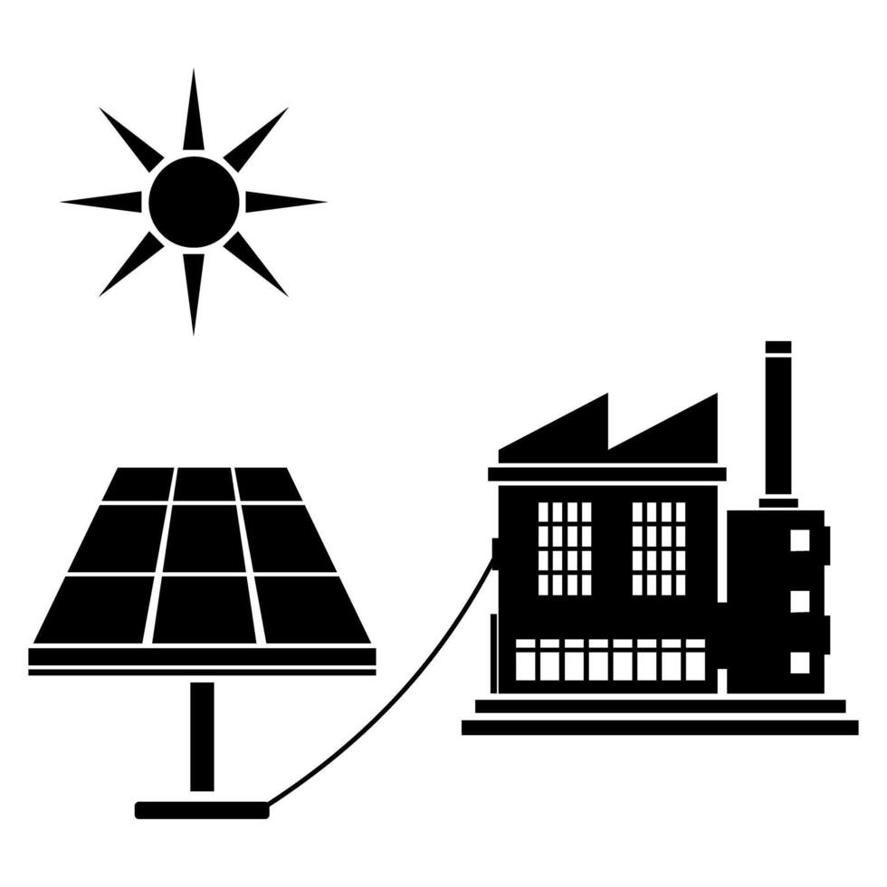 Industrial Factory Warehouse Building Connected to Renewable Eco Friendly Solar Panel Power Source - Black Icon Silhouette vector