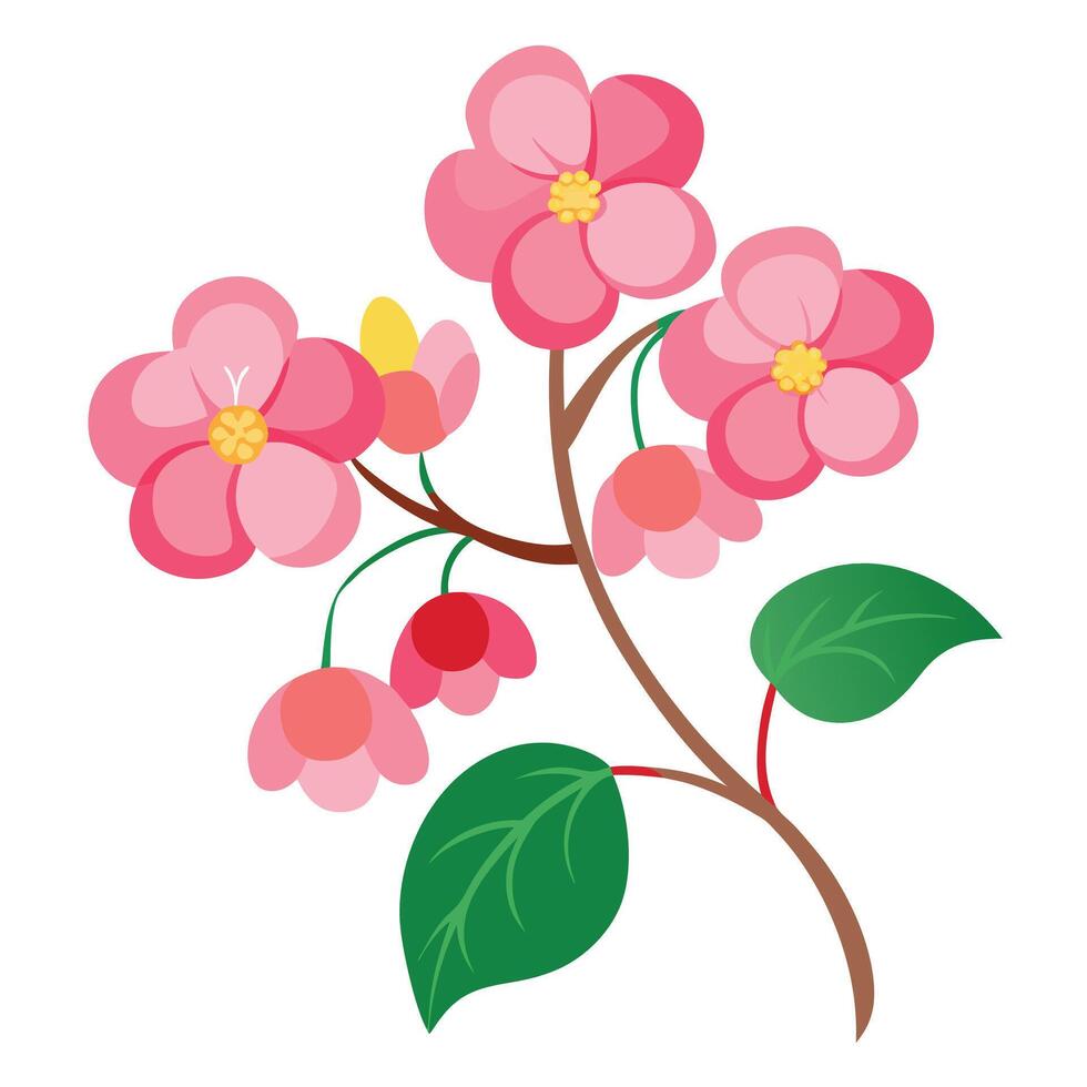 A pink flower with leaves and flowers on a white background vector