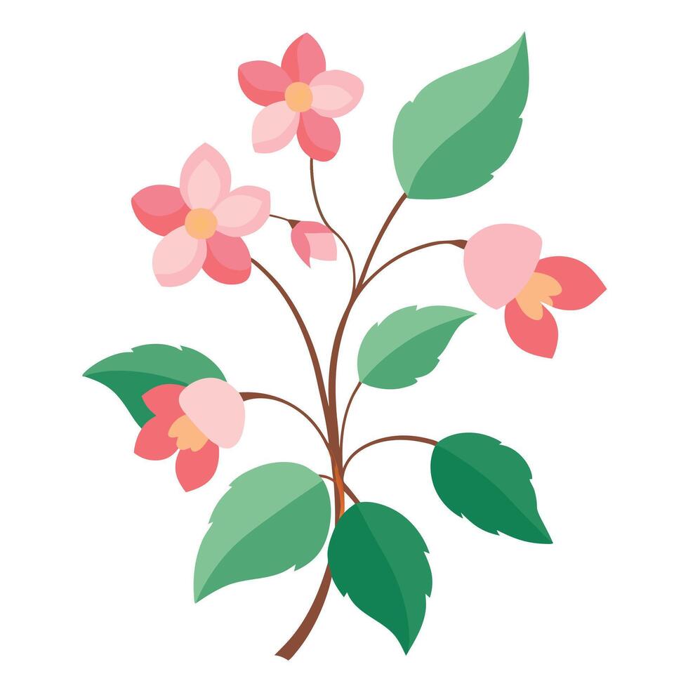 A pink flower with green leaves on a white background vector