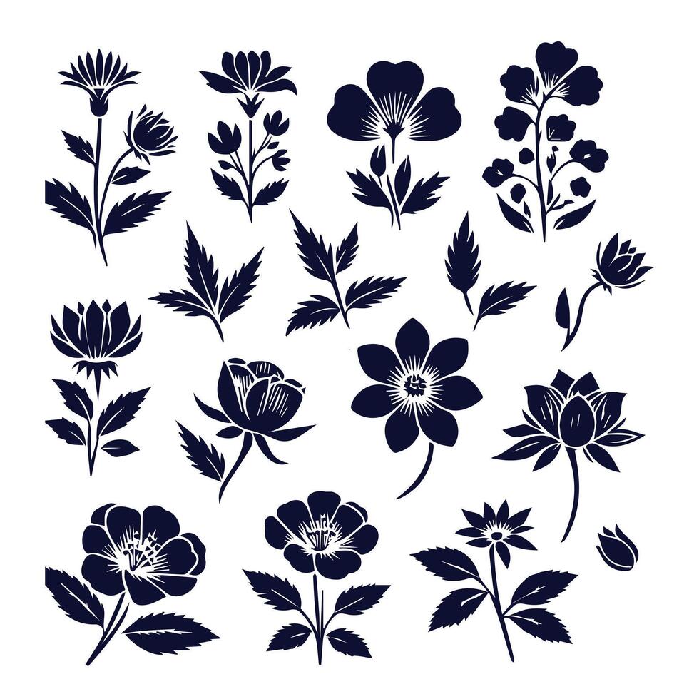 Creative black and white silhouette flowers and leaves set design on a white background vector