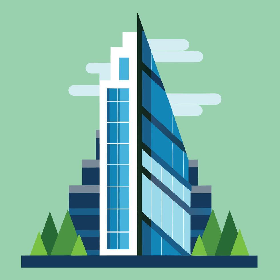 An illustration of a skyscraper with trees and a green background vector