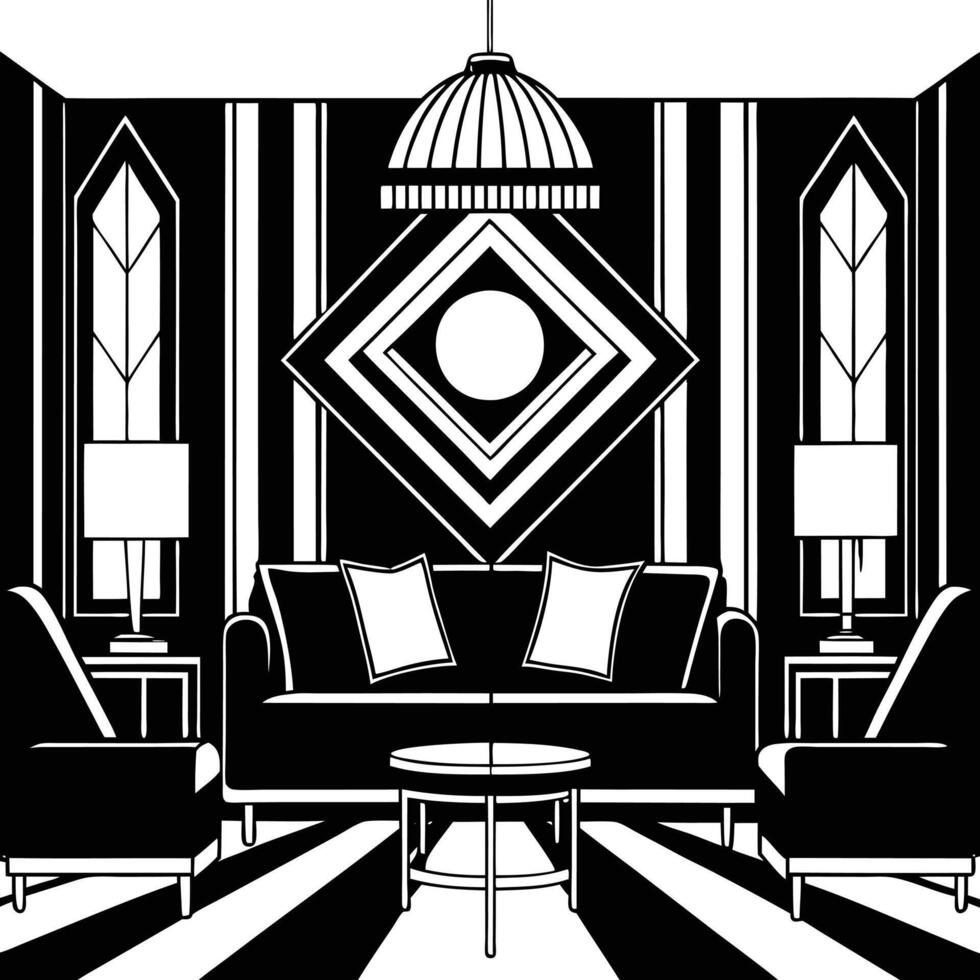 black and white illustration of a living room design on a white background vector