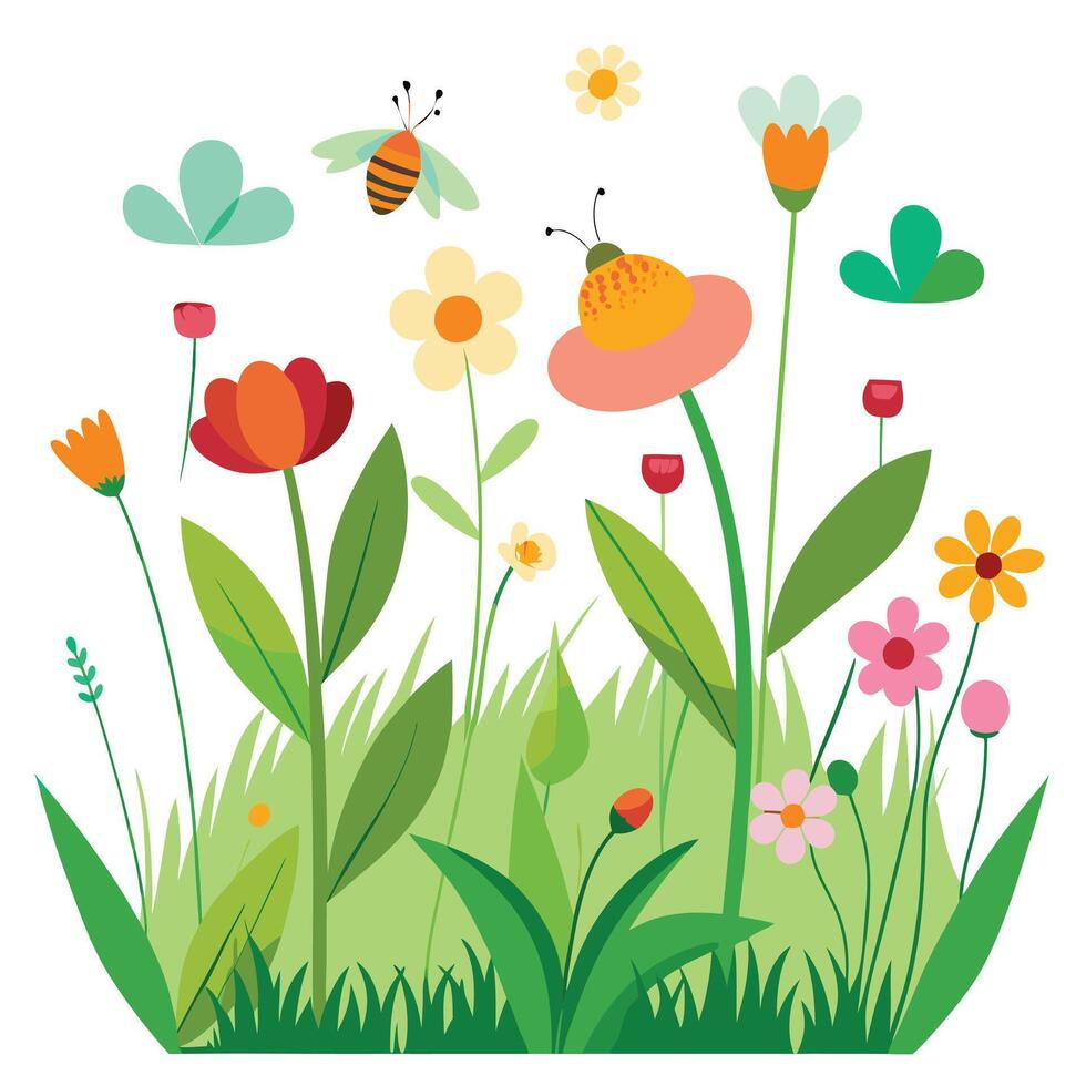 flowers and bees in the grass vector