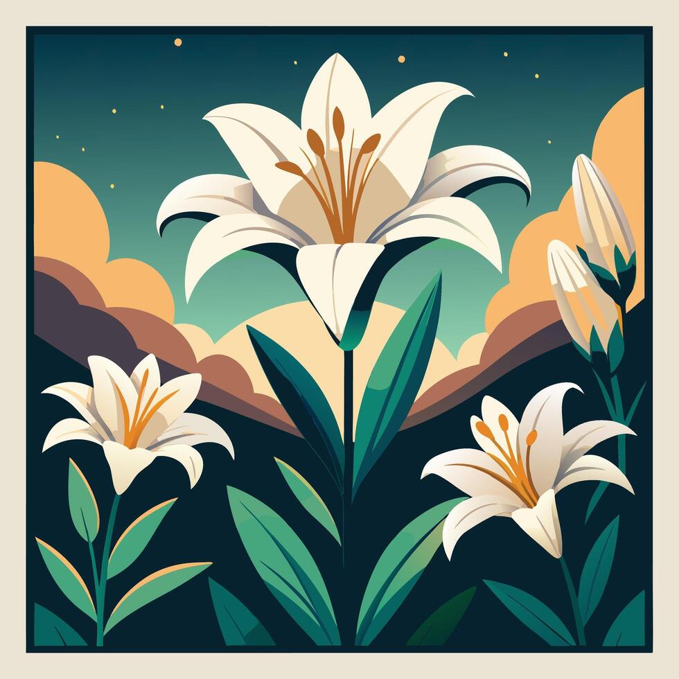 A poster with white lilies and clouds vector