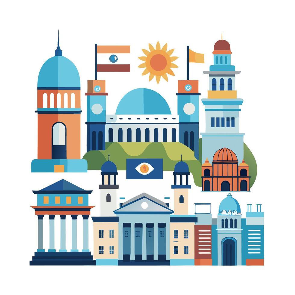 a collection of buildings and landmarks in different colors design on a white background vector