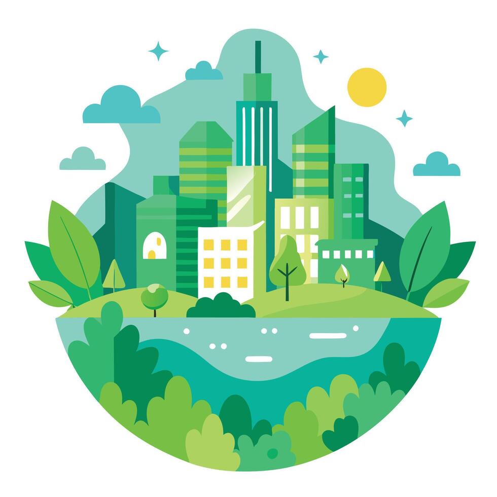 an illustration of a city with green trees and buildings on a white background vector