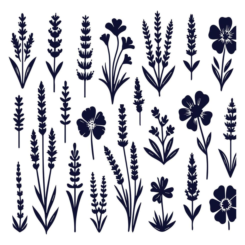 set of black and white flowers and plants on a white background vector