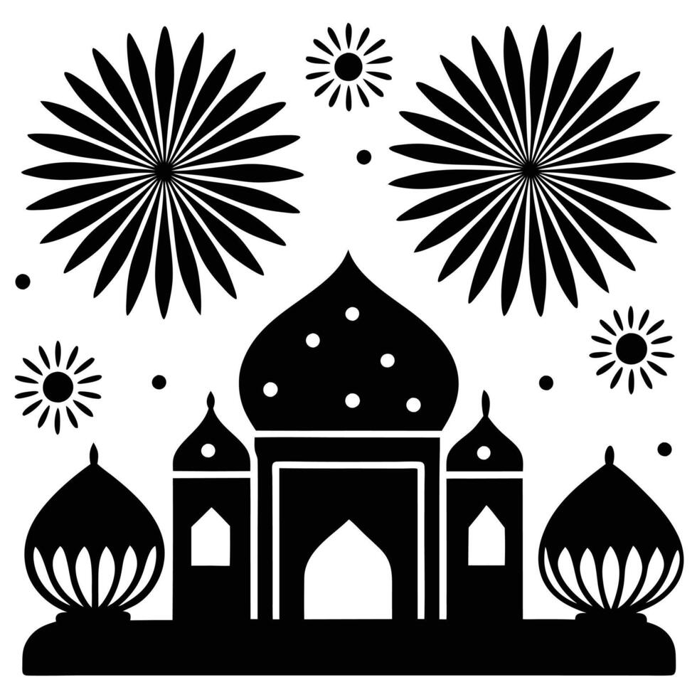 a black and white silhouette of a mosque with fireworks design on a white background vector