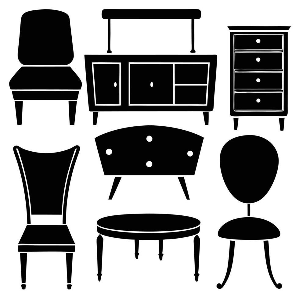 A set of black silhouettes of furniture design on a white background vector