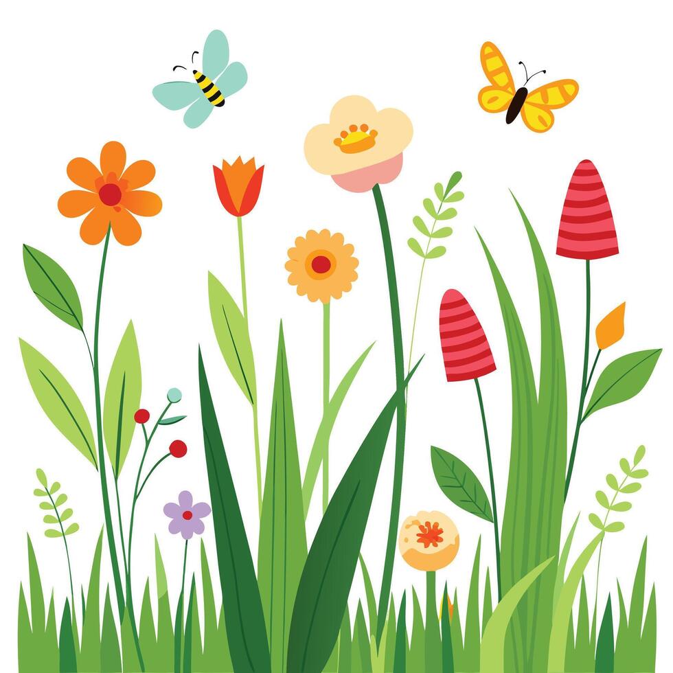 flowers and butterflies in the grass vector