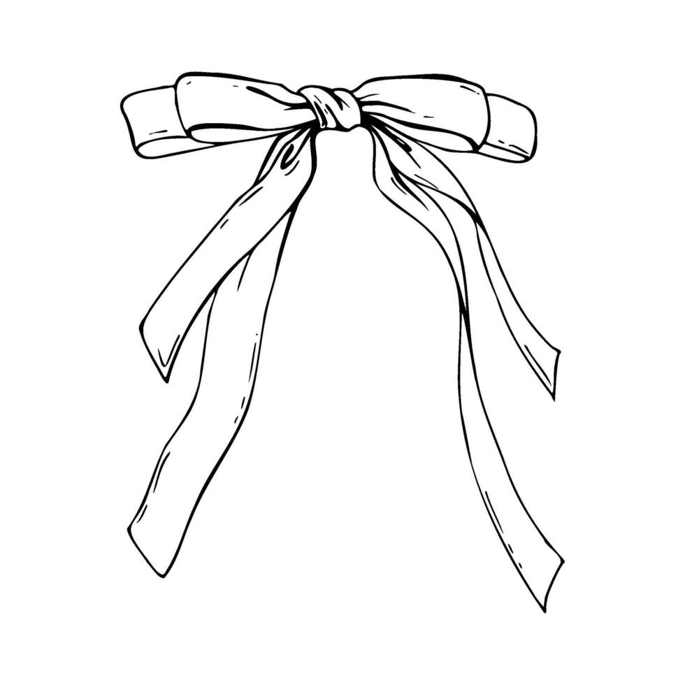Satin bow made of fabric, narrow in two layers with long twisted ribbons. Graphic sketch illustration hand drawn line art, outline in black ink. Single isolated element EPS, for decoration vector