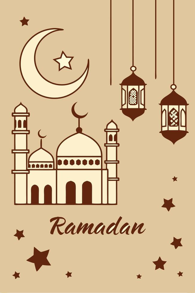 Ramadan themed design with a mosque, crescent moon, stars, and traditional lanterns for business purposes vector