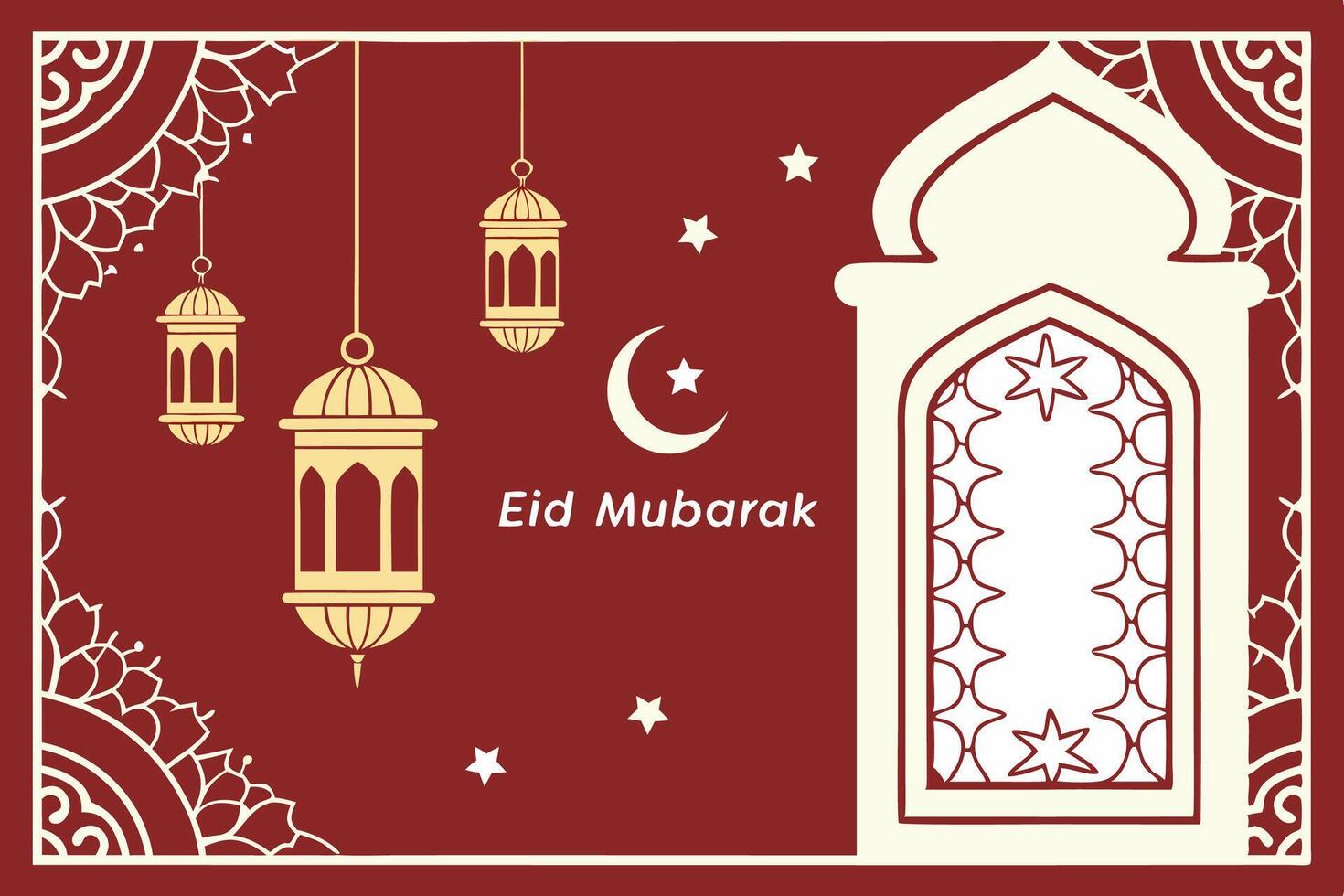 Eid Mubarak celebration business card design with hanging lanterns and crescent moon pattern, for various greetings and marketing purposes vector