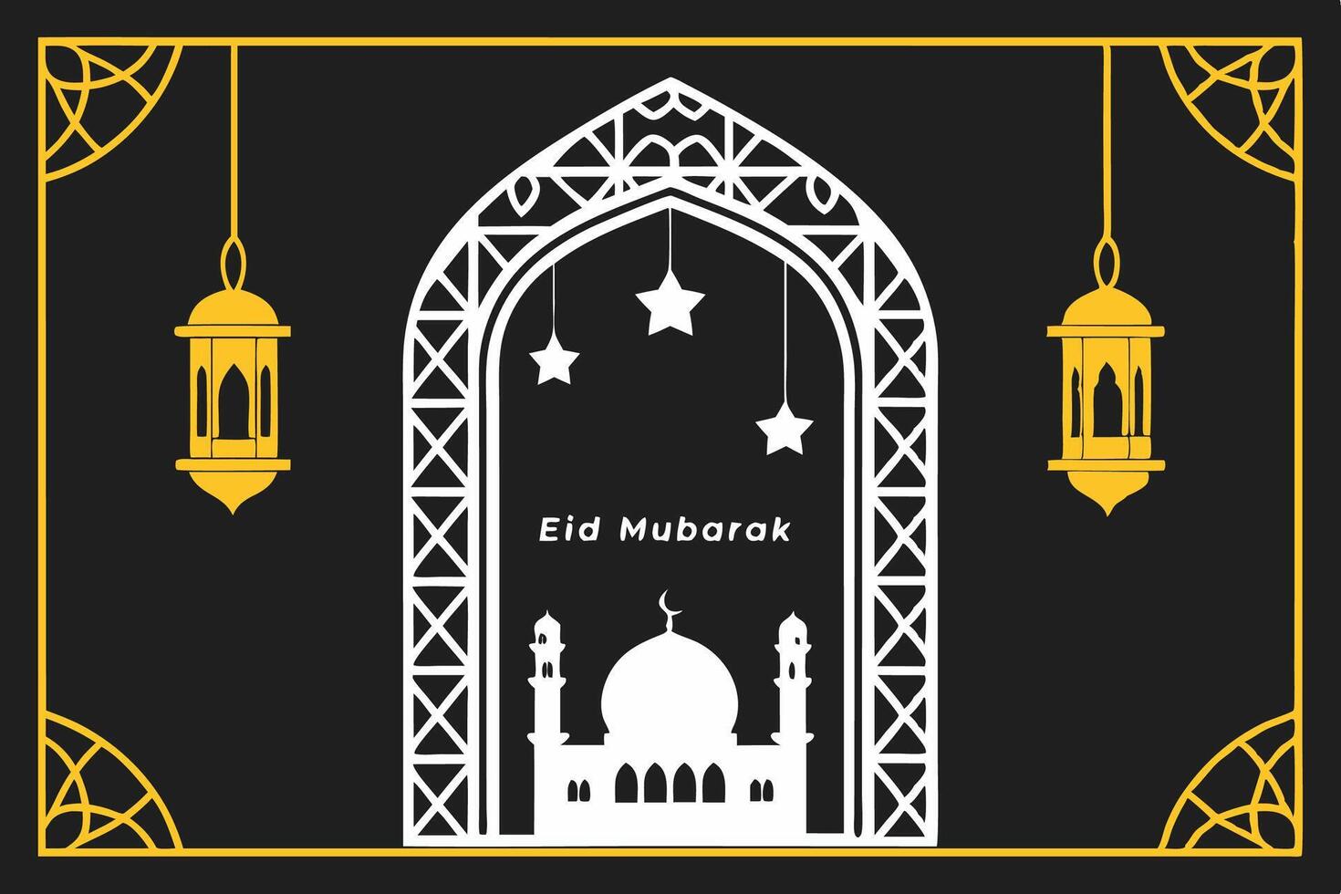 Eid Mubarak card template with mosque design, hanging stars, yellow frames for business use vector