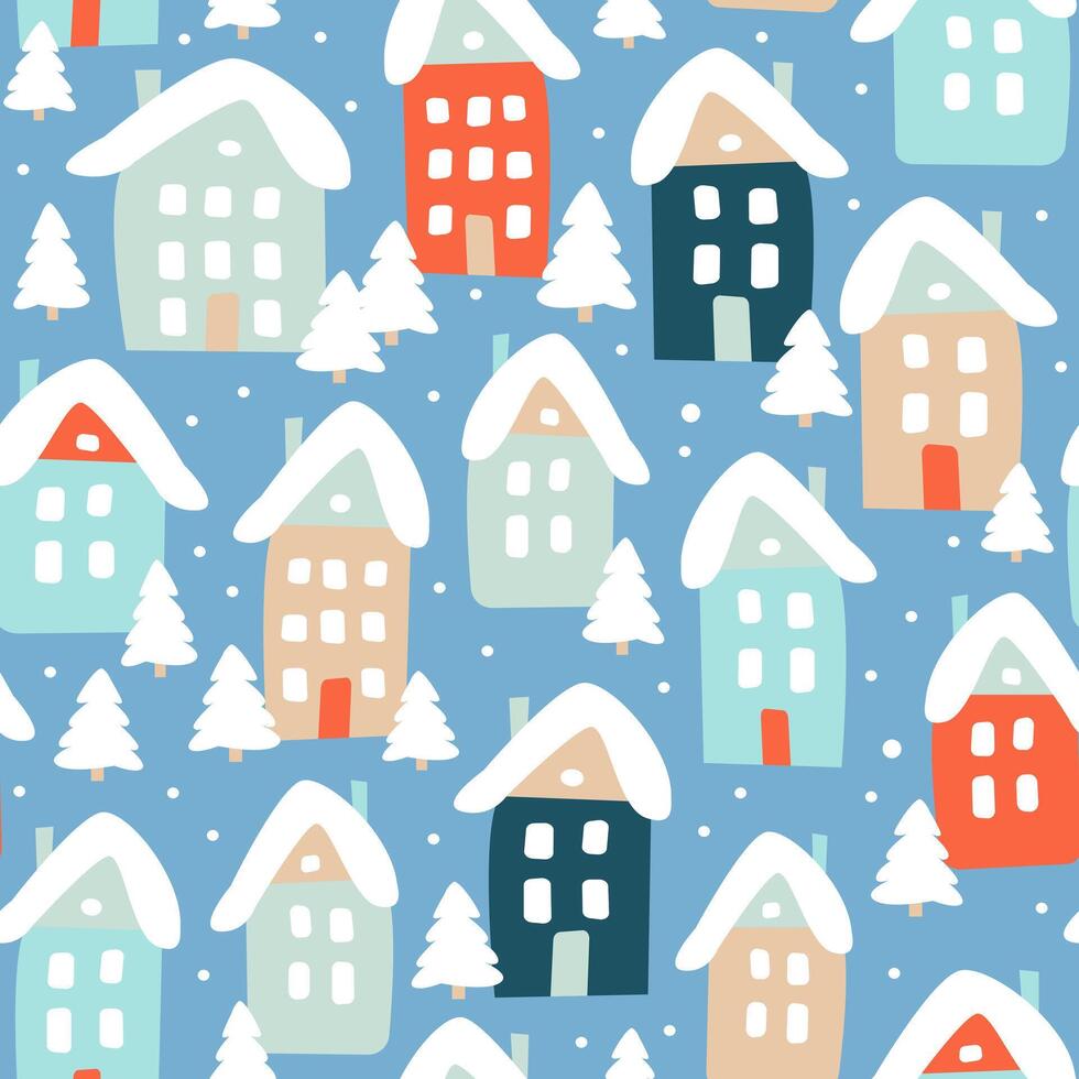 Blue Winter seamless pattern of cute houses and snowy fir trees. Modern simple flat illustration. vector