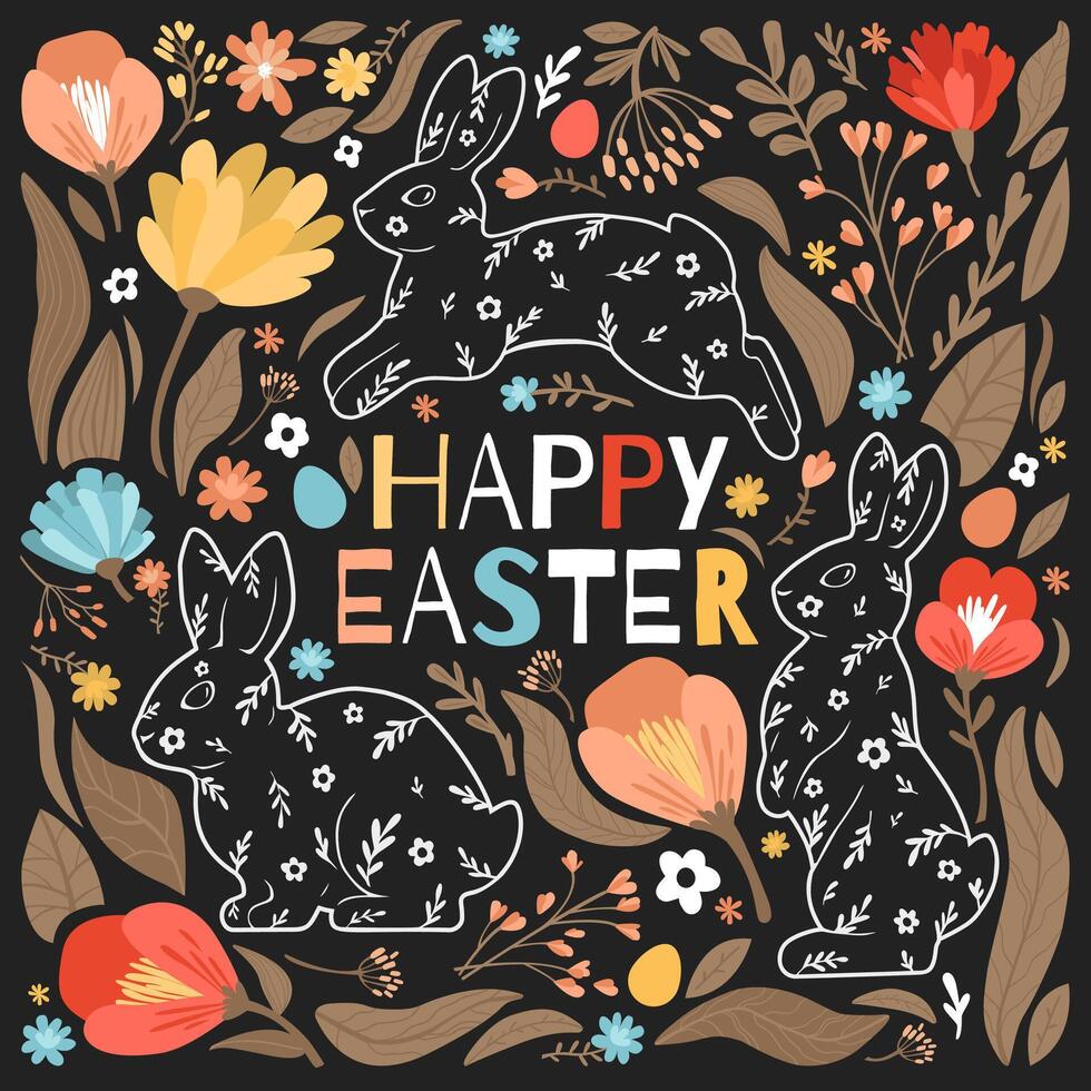 Happy Easter card with bunnies, eggs, and flowers. Modern flat illustration in trendy colors. vector