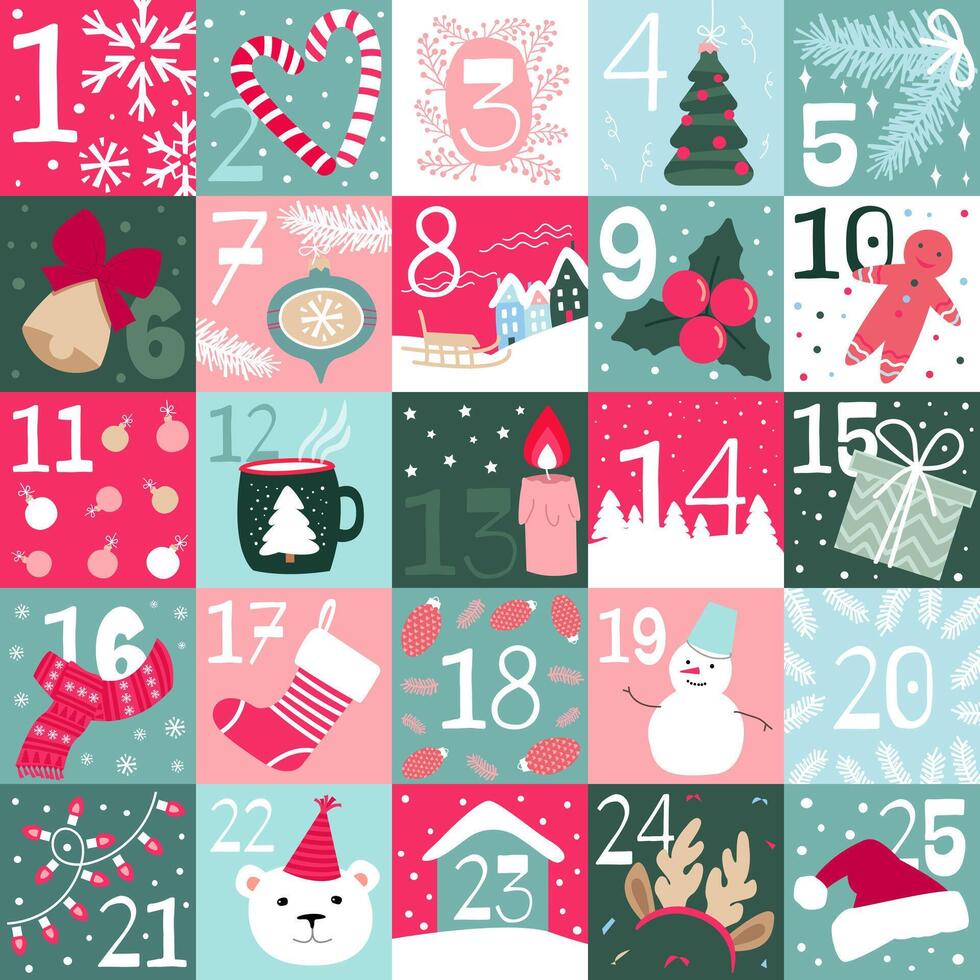 Christmas Advent calendar. 25 days. Funny and cute cards with winter elements - Christmas tree, toys, gifts, bear, rabbit, snow and others. flat illustration. vector