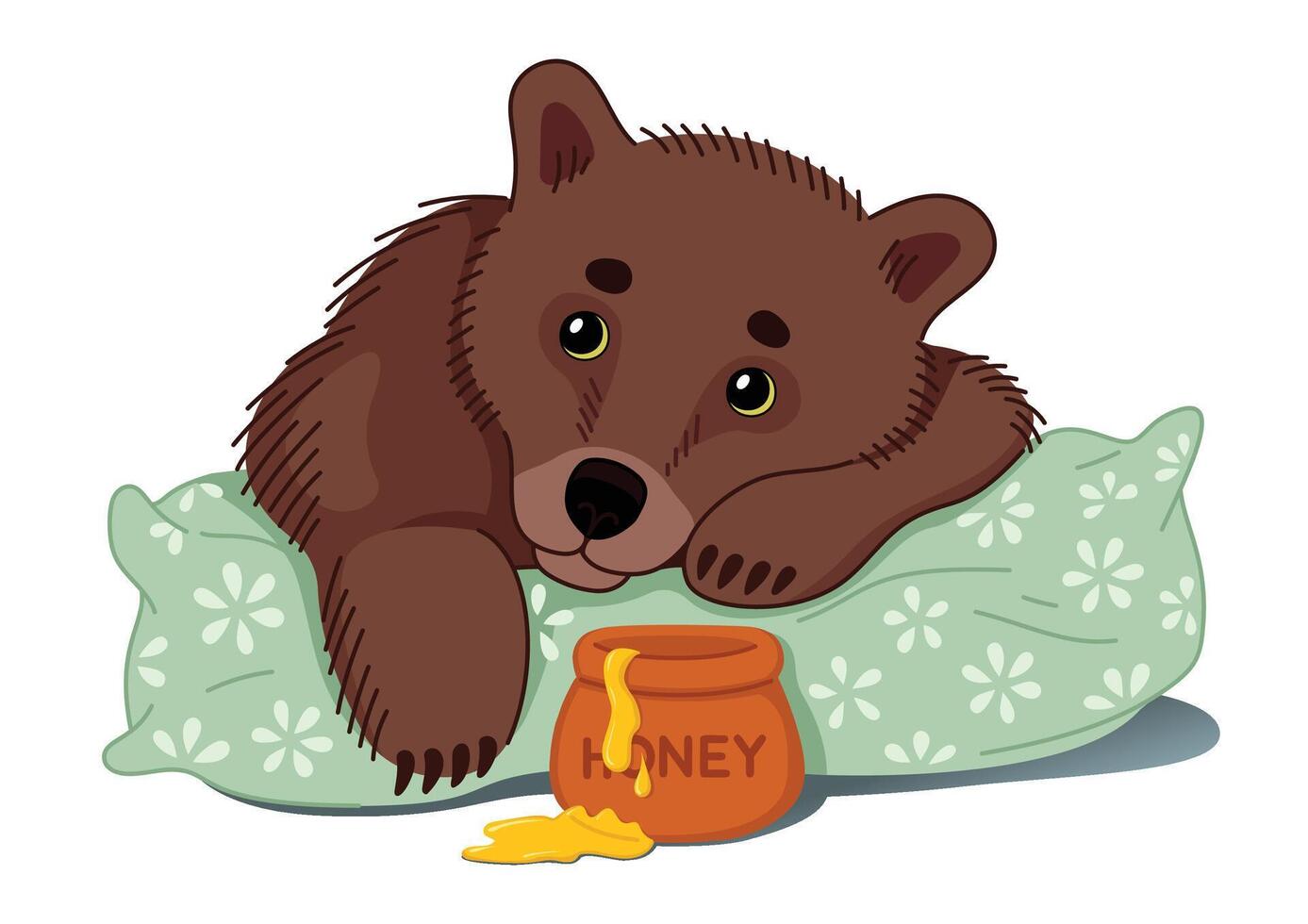 A cute little bear lies on a pillow with a pot of honey. Hand-drawn colorful flat illustration. vector