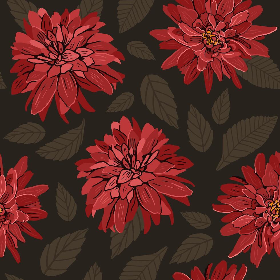Seamless pattern of red flowers on a dark green background. hand-drawn illustration. vector